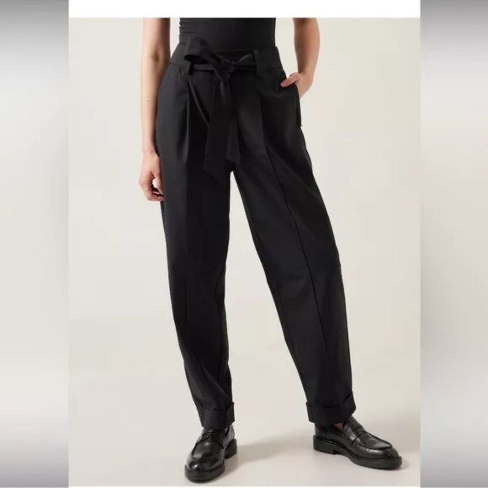 Athleta Cardiff Black Trouser Career Pintuck Paper bag Barrel Trousers Balloon